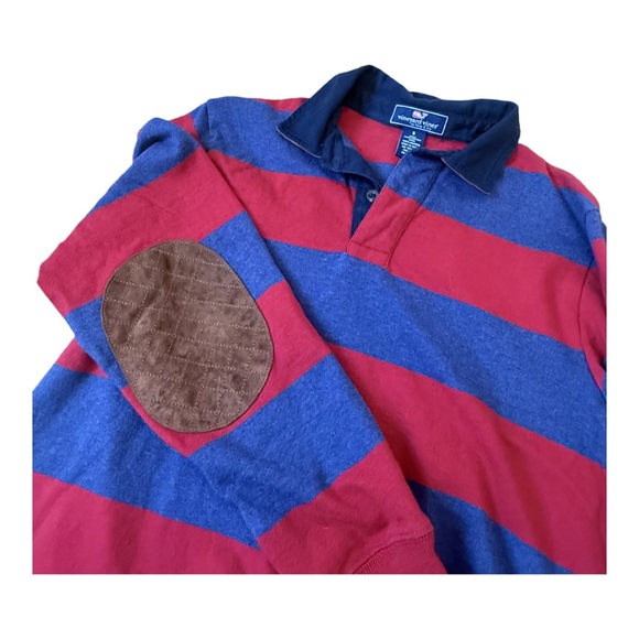 Vineyard Vines Striped Red & Blue Rugby Polo w Faux Suede Elbow Patch and Collar - Picture 1 of 6
